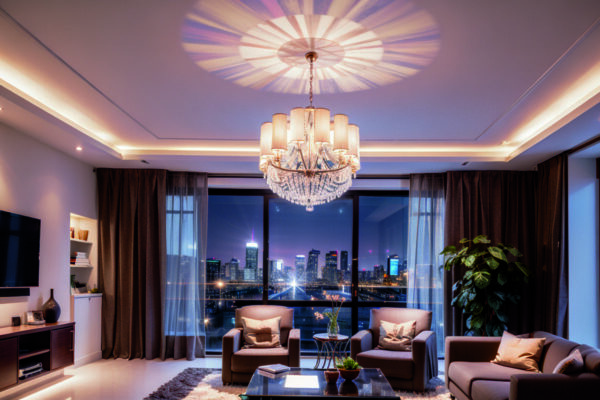 Световые узоры для потолка с использованием голографических проекторов в интерьере будущего