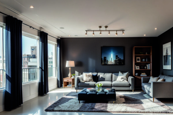 Цветовые акценты и материалы для зонирования пространства в многофункциональной гостиной