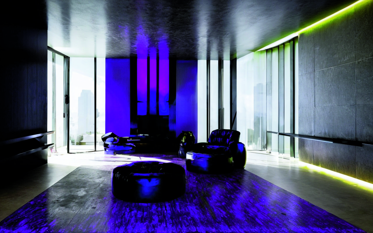 Эксперименты с ультрафиолетовыми акцентами в минималистичных интерьерах для создания психоделического эффекта